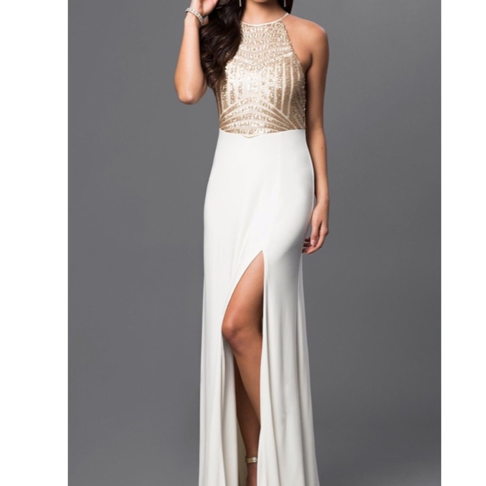 Davids Bridal white and gold prom dress.